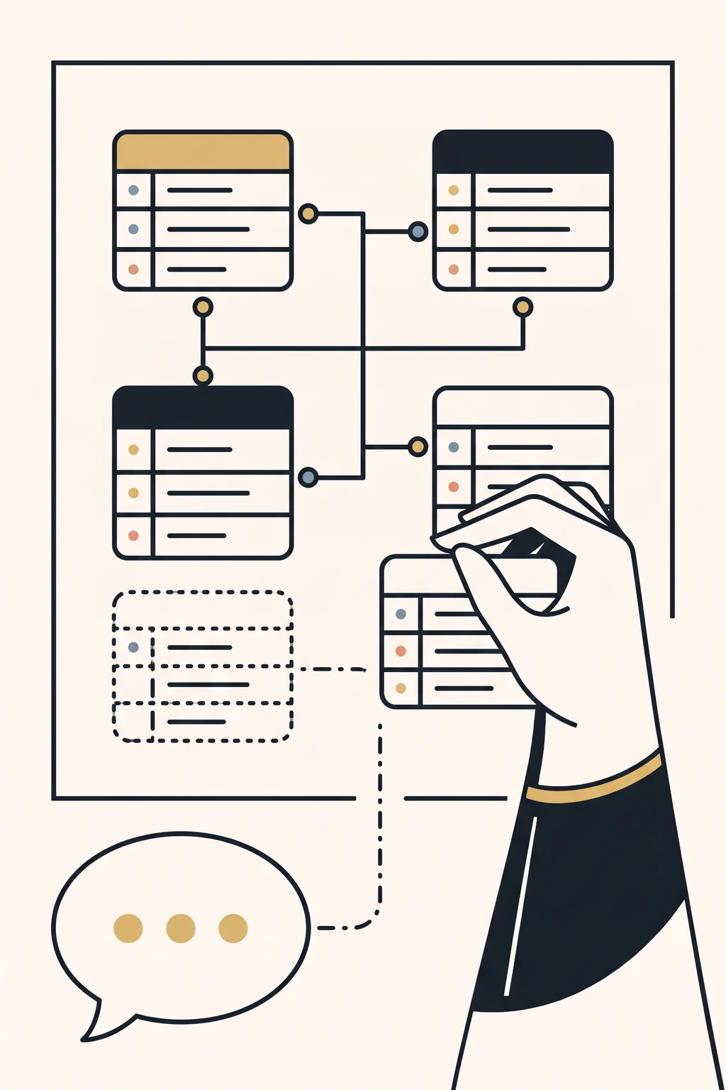 Illustration: data tables connected by lines on a canvas. A hand places a new table, while another one, still dashed, emerges from a speech bubble.