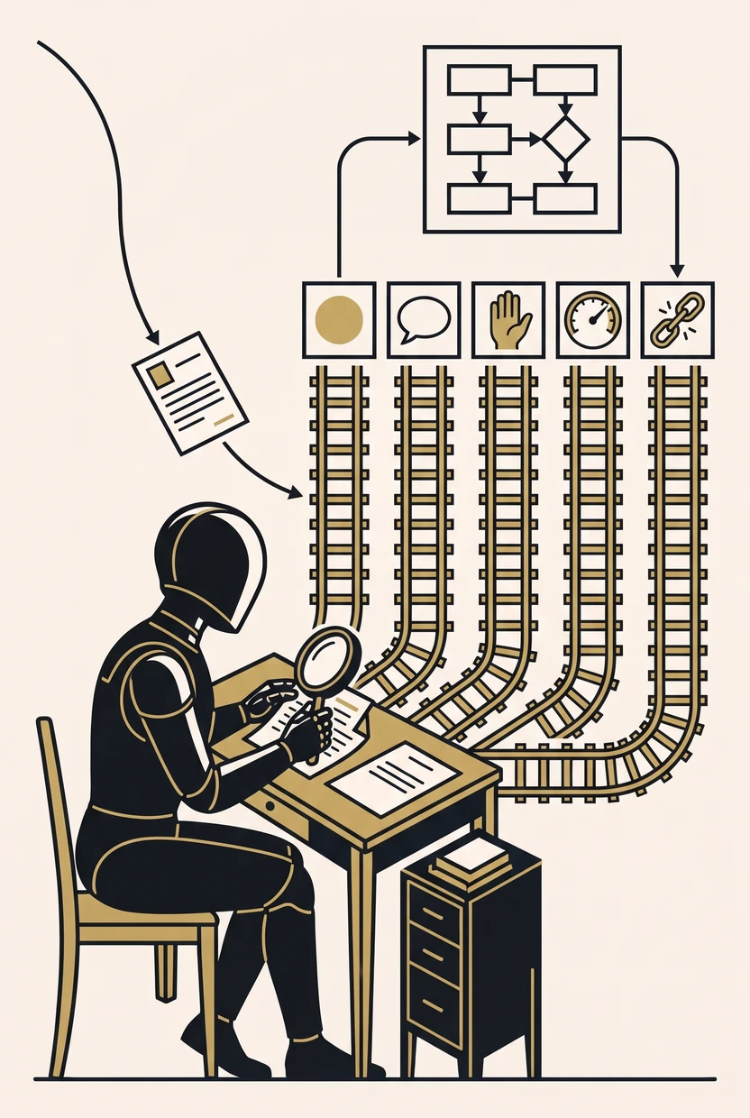 Illustration: a robot checks an application with a magnifying glass at a desk; five fixed tracks lead from its desk to five exits, one of them back into the process.